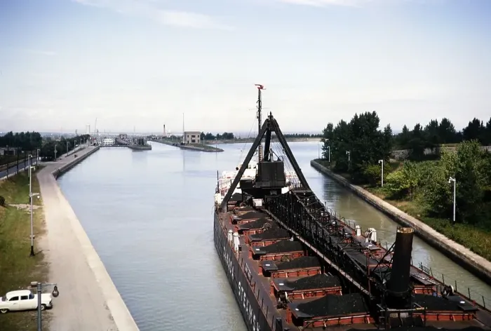Framed Print : Bulk carrier Midland Prince cargo ship (1907-1968) in lock of Welland canal, St Lawrence seaway, Great Lakes, Ontario, Canada, North America 1963, North America