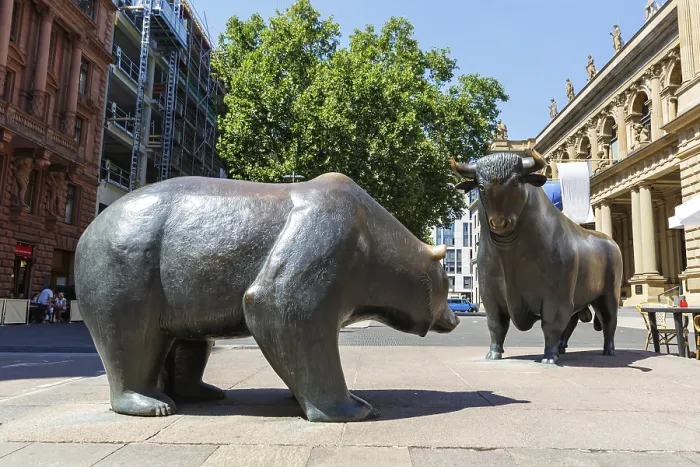 Framed Print : Bull and bear on the stock exchange in Frankfurt