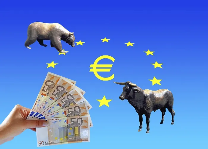 Framed Print : Bull and bear, stock market symbols ahead of Eurosters