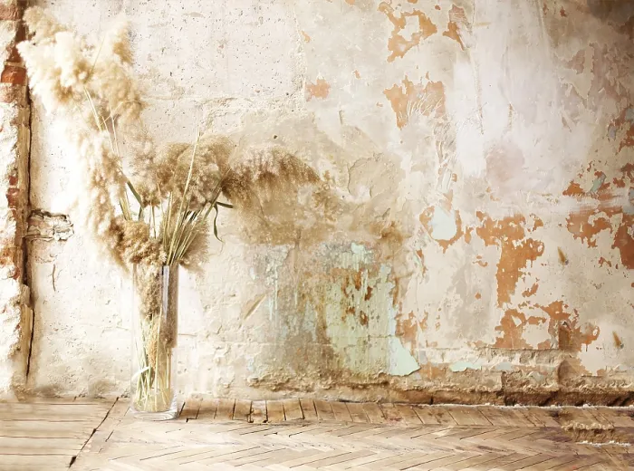 Framed Print : Bunch of soft fluffy twigs placed in glass vase against crumbling concrete wall