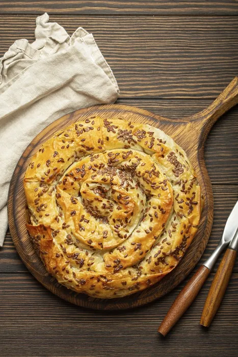 Framed Print : Burek made of phyllo dough with filling on cutting board