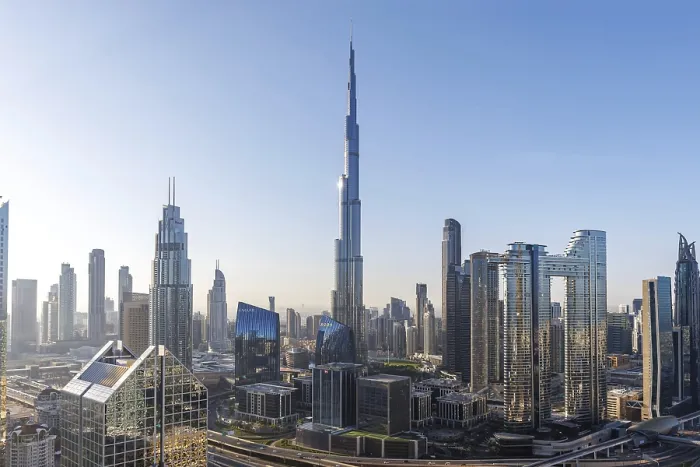 Framed Print : Burj Khalifa tallest building in the world from above in Downtown Dubai