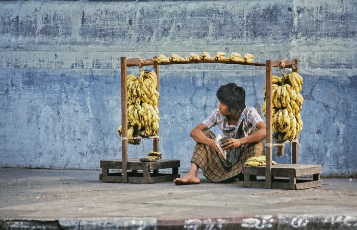 Framed Print : Burmese banana seller on sidewalk Framed Print : Burmese banana seller on sidewalk
