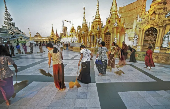 Framed Print : Burmese ladies sweeping at Shwedagon Pagoda