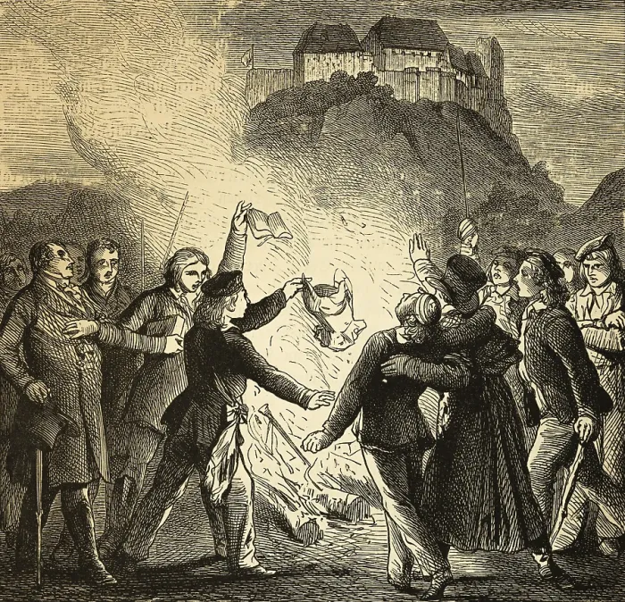Framed Print : Burning of books, ribbons and braids in front of the Wartburg on October 18