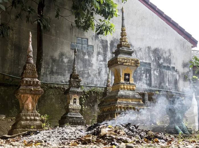 Framed Print : Burning waste at the ossuary at a Buddhist monastery Wat Si Sou Mang Framed Print : Burning waste at the ossuary at a Buddhist monastery Wat Si Sou Mang