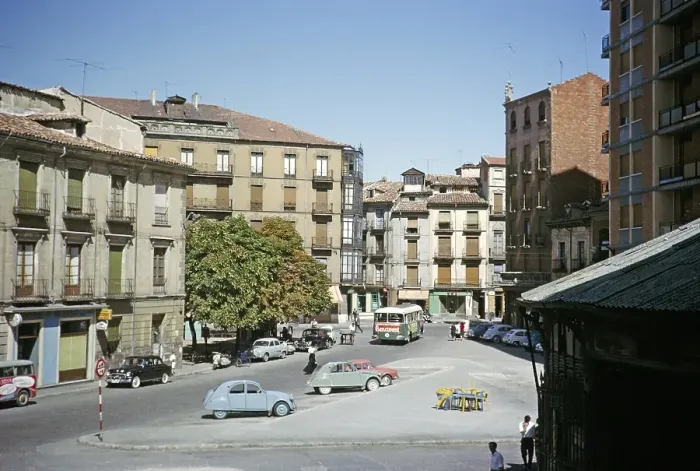 Framed Print : Bus and cars in the market square, Valladolid, Castile and Leon, Spain, 1964, Europe