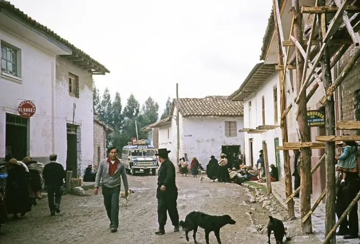 Framed Print : Bus on the main road to Ayacucho, Huancayo, Peru, South America c 1962 Wooden scaffolding muddy road, South America