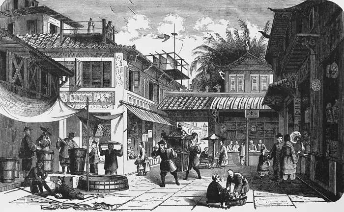 Framed Print : Business street in the city centre of Canton or Guangzhou, shops, trade, people carrying, paved square, many people, rickshaw, travelling in Asia, China, historical illustration 1887, Asia Framed Print : Business street in the city centre of Canton or Guangzhou, shops, trade, people carrying, paved square, many people, rickshaw, travelling in Asia, China, historical illustration 1887, Asia