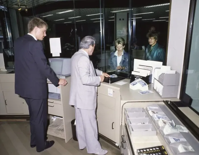Framed Print : Ca. 1988, Hagen. Banking operations at Deutsche Bank