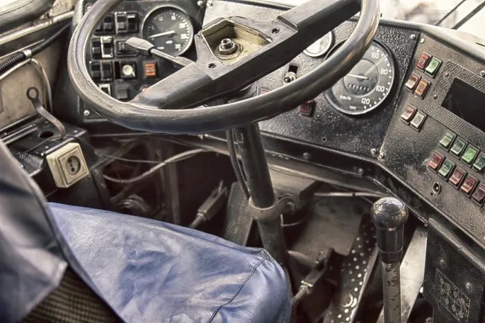 Framed Print : Cabin control old vintage bus close up