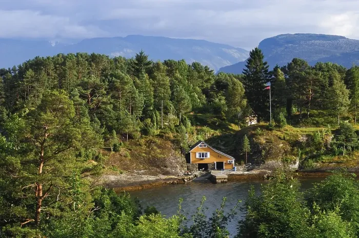 Framed Print : Cabin by the fjord, Telemark, Norway