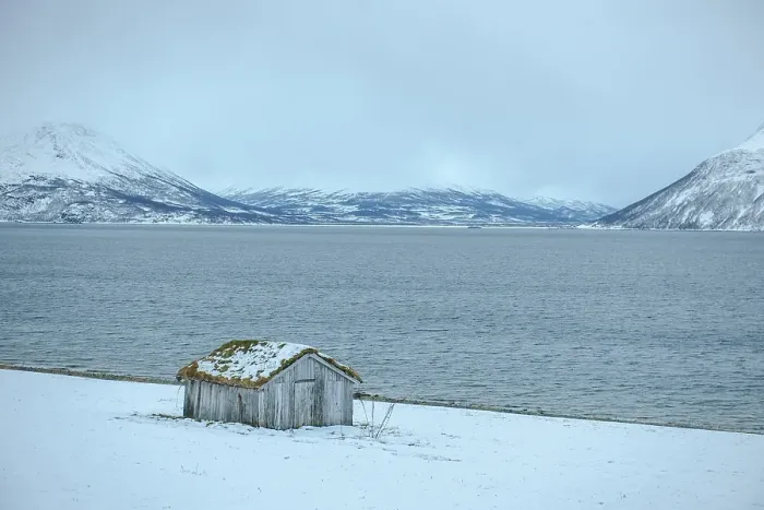 Framed Print : Cabin on Lyngen fjord, Troms, Norway, Europe