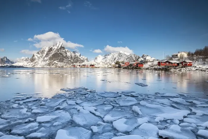 Framed Print : Cabins by the fjord with ice floes in the foreground