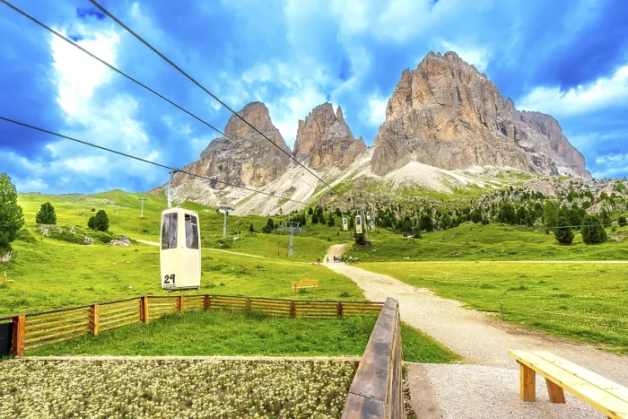 Framed Print : Cable car ascending to the sassolungo group