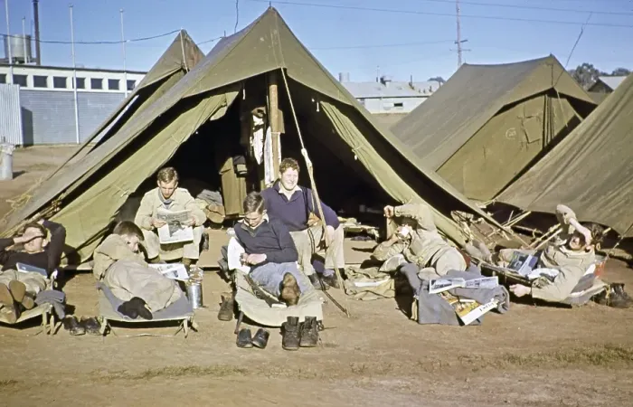 Framed Print : Cadet students at military training camp, Seymour Camp, Victoria, Australia 1956 Boys resting next to their tent