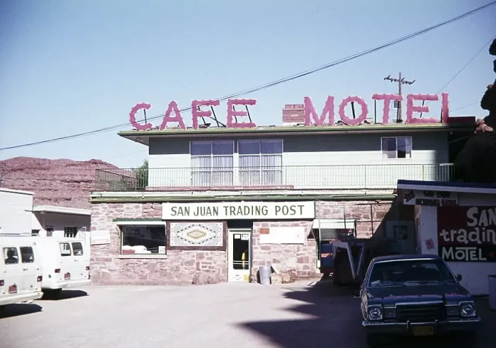 Framed Print : Cafe Motel at San Juan Trading Post motel, Mexican Hat, Utah, USA in 1976 Framed Print : Cafe Motel at San Juan Trading Post motel, Mexican Hat, Utah, USA in 1976