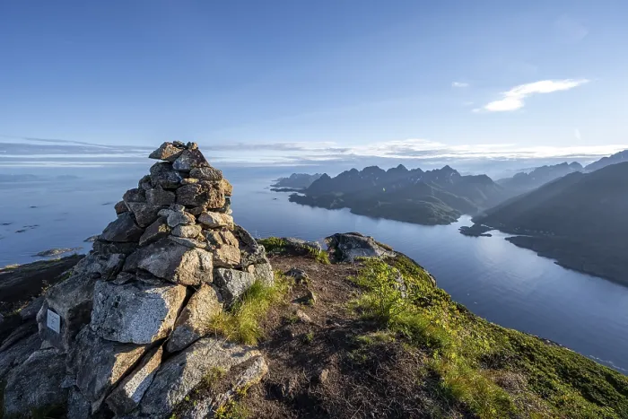 Framed Print : Cairn at Gifpel, Fjord Raftsund and mountains Framed Print : Cairn at Gifpel, Fjord Raftsund and mountains