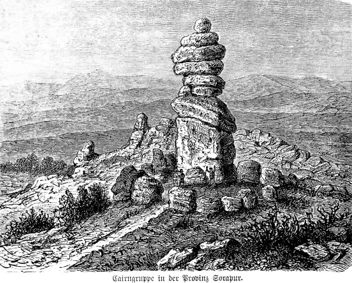 Framed Print : Cairn group in the mountainous province of Sorapur, megalithic monument, stone circle with central stone tower, Near East, history of mankind, historical illustration 1880