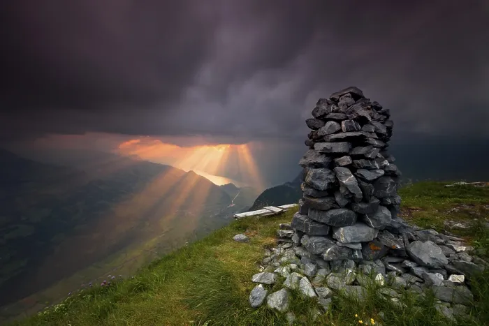 Framed Print : Cairn, pile of stones, sunset, the Alps