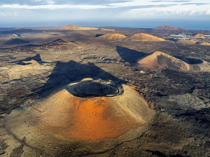 Framed Print : Caldera Colorada volcano, picturesque volcanic landscape with volcanic craters and lava fields in morning light