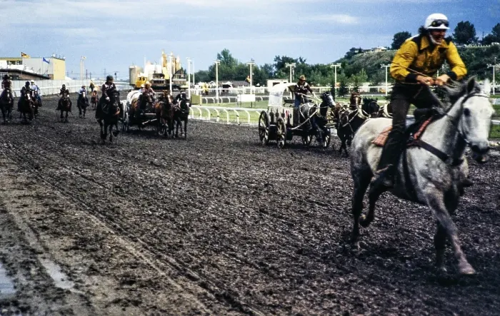 Framed Print : Calgary Exhibition and Stampede, Canada in the late 1970s or early 1980s Chuckwagon Race