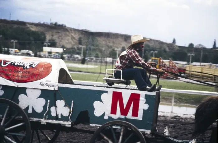 Framed Print : Calgary Exhibition and Stampede, Canada in the late 1970s or early 1980s Chuckwagon racer Stu Napper