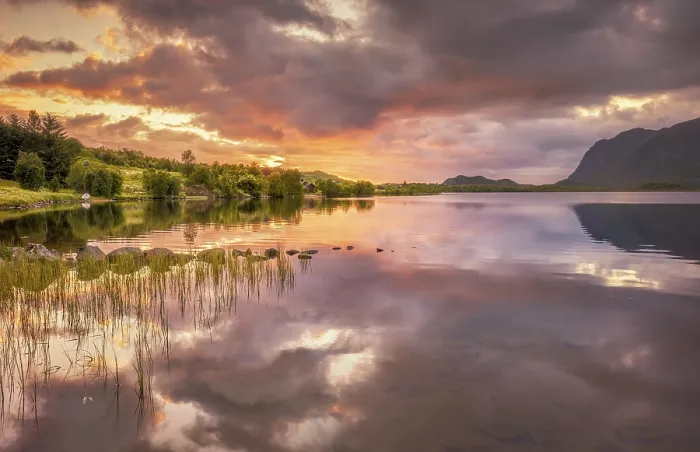 Framed Print : Calm atmosphere with pink clouds on the fjord in the midnight sun Framed Print : Calm atmosphere with pink clouds on the fjord in the midnight sun