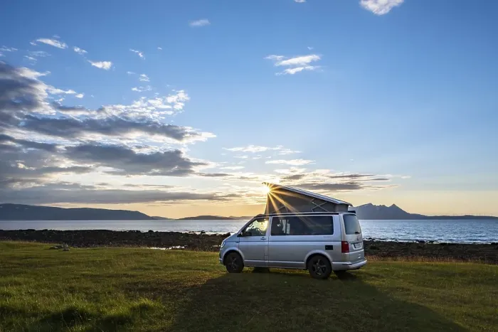 Framed Print : Camper standing by fjord, VW California Framed Print : Camper standing by fjord, VW California