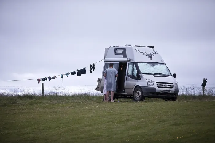 Framed Print : Campervan with clothesline at the campsite in Reykjadiskur at Skagafjordur Framed Print : Campervan with clothesline at the campsite in Reykjadiskur at Skagafjordur