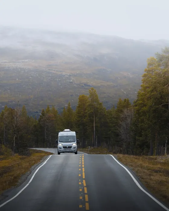 Framed Print : Campervan drives on the road to Kautokeino in autumn Framed Print : Campervan drives on the road to Kautokeino in autumn