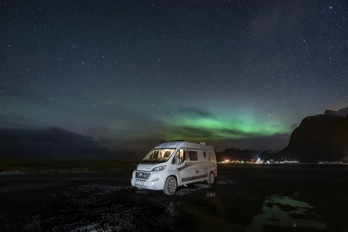 Framed Print : Campervan stands at Uttakleiv beach with northern lights Framed Print : Campervan stands at Uttakleiv beach with northern lights