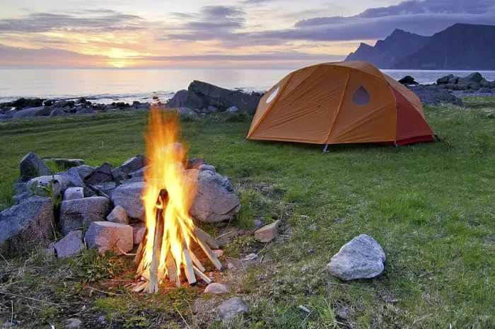 Framed Print : Campfire with tent, midnight sun