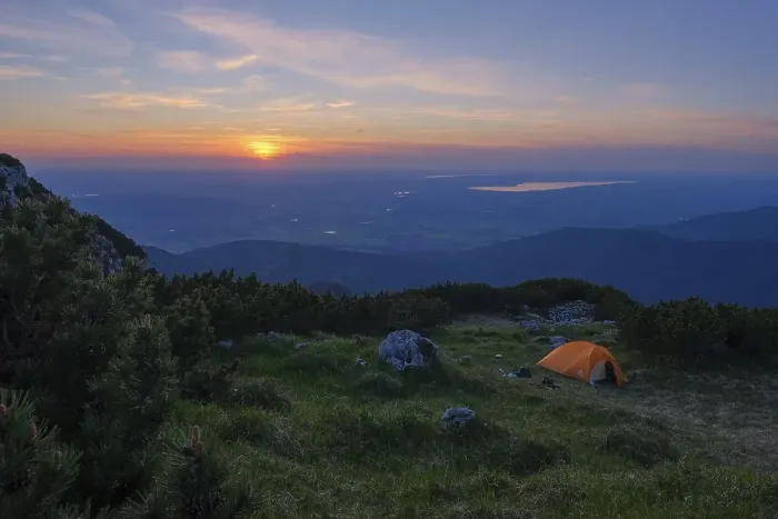Framed Print : Camping on a mountain meadow in the evening light