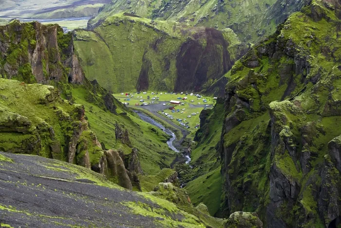 Framed Print : Campsite in a canyon, Moss-covered volcanic mountain landscape
