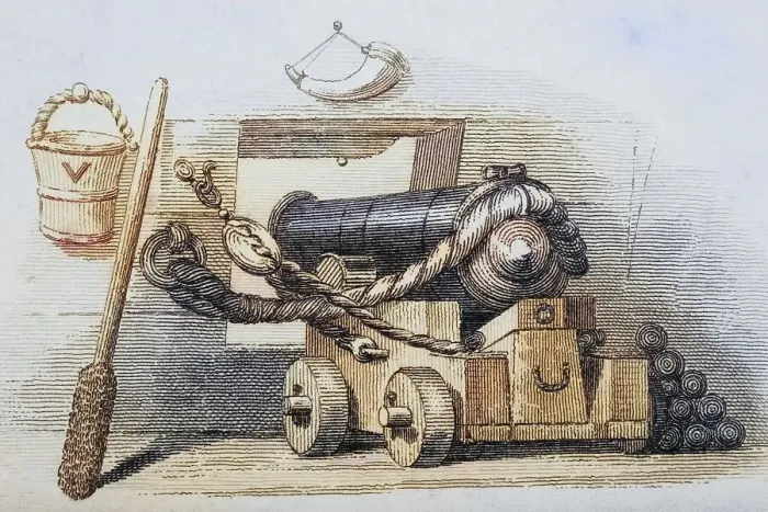 Framed Print : Cannon with cannonballs, c. 1810 Framed Print : Cannon with cannonballs, c. 1810