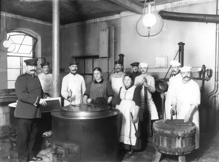 Framed Print : Canteen kitchen ca. 1910, place unknown