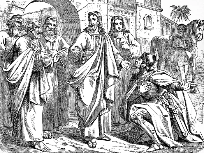 Framed Print : The captain at Capernaum kneels and speaks to Jesus Framed Print : The captain at Capernaum kneels and speaks to Jesus