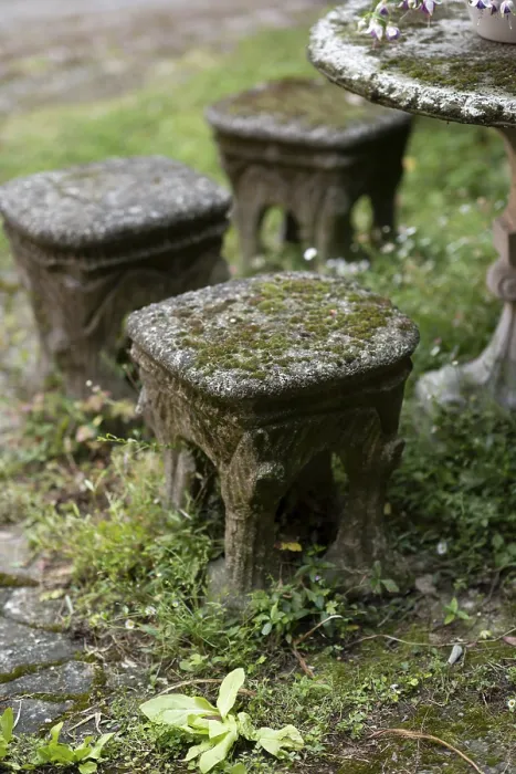 Framed Print : A captivating garden scene showcasing antique stone stools adorned with moss amidst lush greenery evoking a sense of