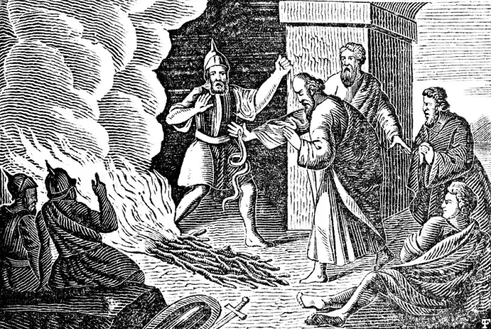 Framed Print : The captive Paul hurls an adder unharmed from his hand into the fire, Pauus on Malta, soldiers, fear, smoke, woodcut, historical illustration