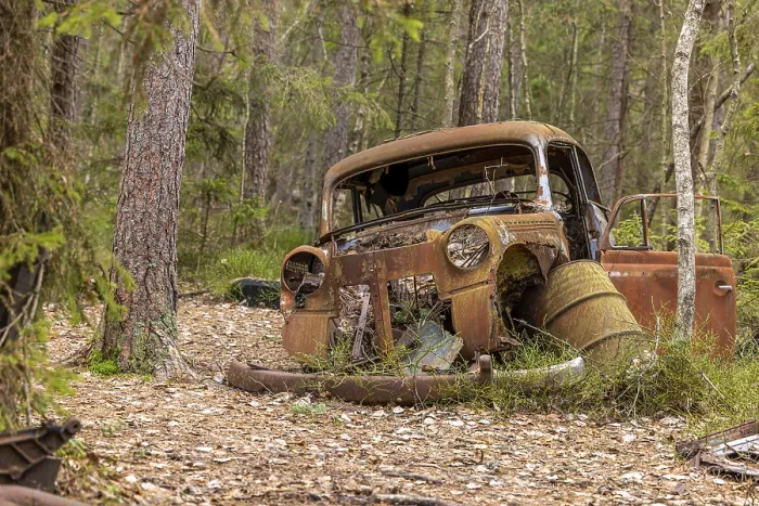 Framed Print : Car graveyard in the middle of the forest near Ryd Framed Print : Car graveyard in the middle of the forest near Ryd