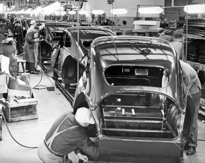 Framed Print : Car manufacturing in the 1950s