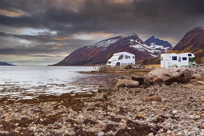 Framed Print : A caravan or mobile home in front of fjord in Norway