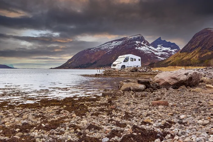 Framed Print : A Caravan or mobile home in front of fjord in Norway
