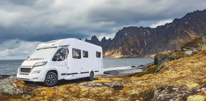 Framed Print : A Caravan or mobile home in front of fjord on Senja Island in Norway