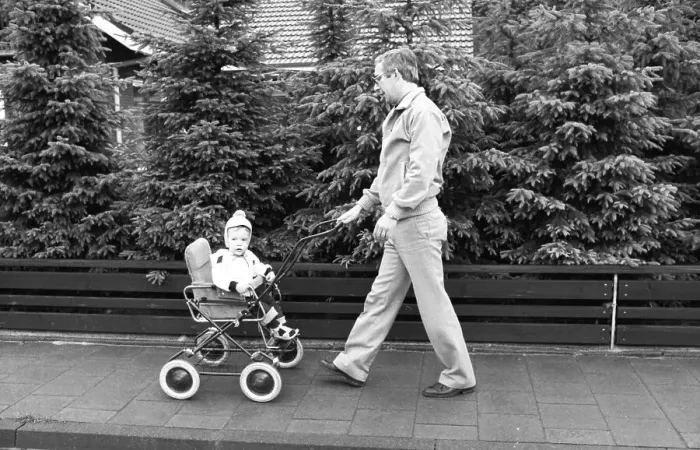 Framed Print : The care of a small child by the father was rather rare in 1980