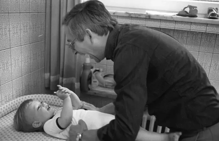Framed Print : The care of a small child by the father was rather rare in 1980