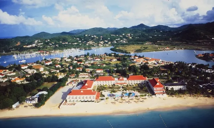 Framed Print : Caribbean Islands: Airshot from St. Lucias harbour, beach and luxury hotel Framed Print : Caribbean Islands: Airshot from St. Lucias harbour, beach and luxury hotel