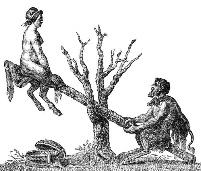 Framed Print : Caricature of Adam and Eve on a seesaw as devils