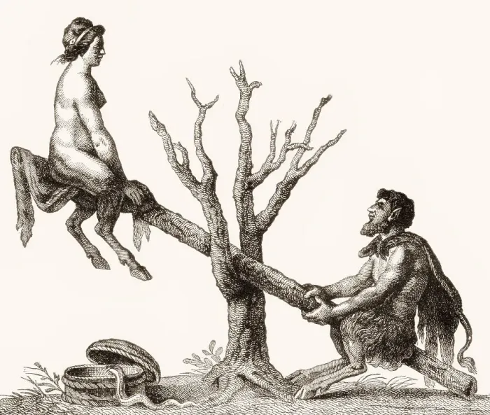 Framed Print : Caricature of Adam and Eve on a seesaw as devils Framed Print : Caricature of Adam and Eve on a seesaw as devils